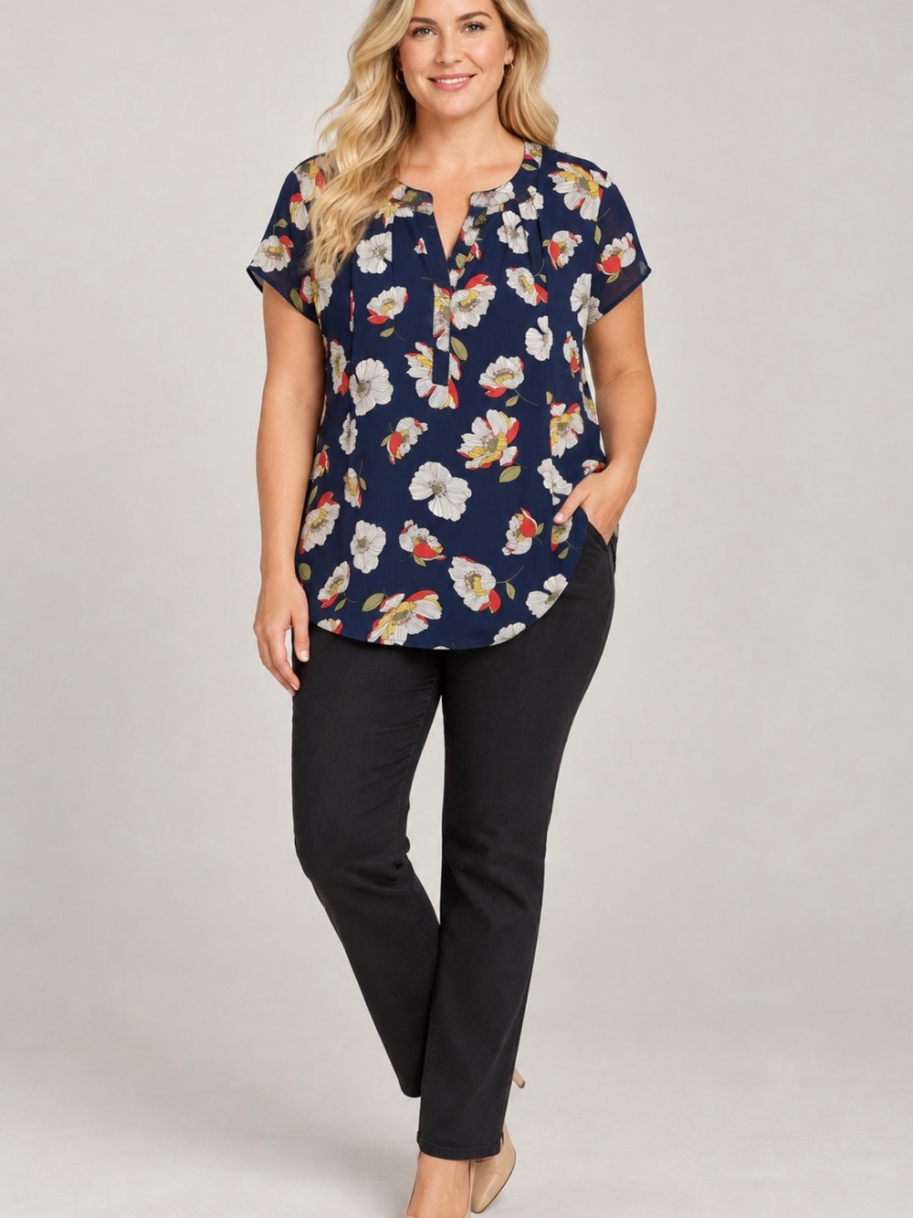 Papermoon Navy Floral Split V-Neck Blouse